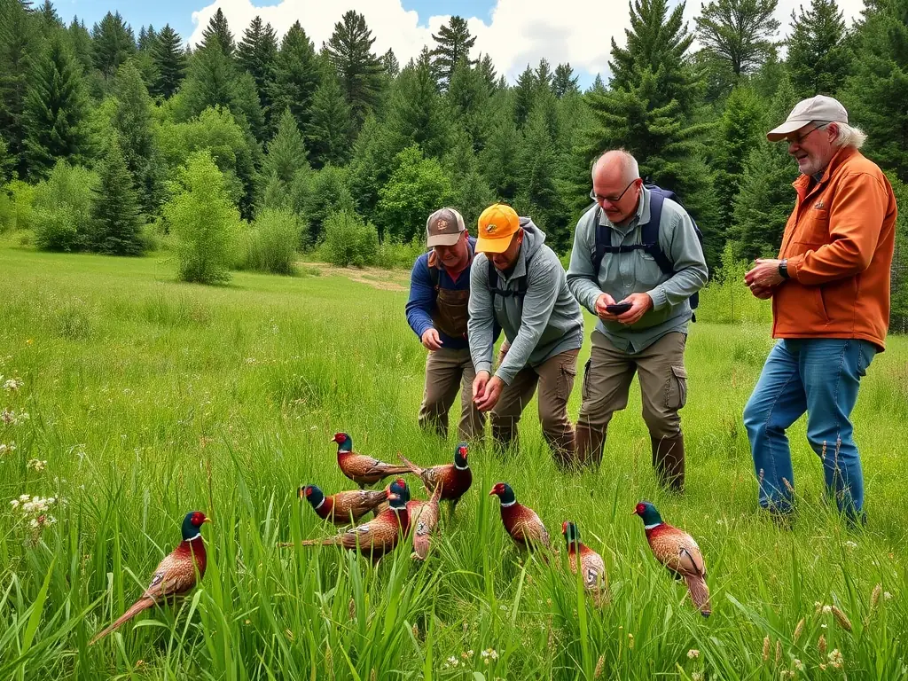 A group of volunteers releasing pheasants into a managed hunting area, illustrating the wildlife restocking program of STE.COM. DES CHASSEURS DE SAINT HUBERT.