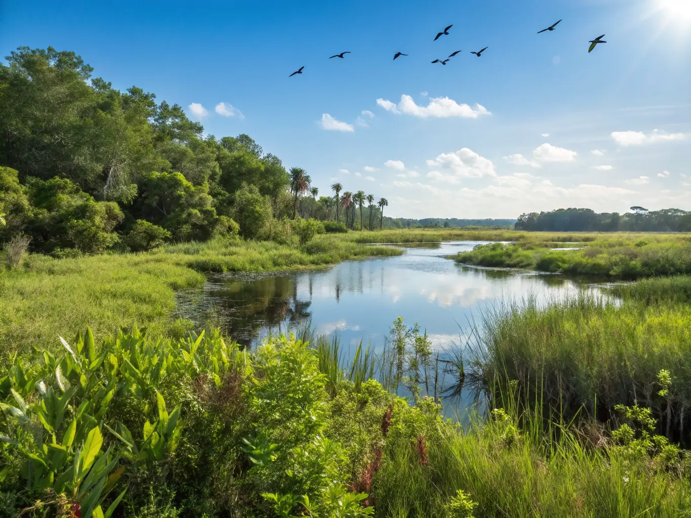 A scenic view of a restored wetland area, showcasing diverse plant life and waterfowl, symbolizing successful habitat restoration efforts by STE.COM. DES CHASSEURS DE SAINT HUBERT.