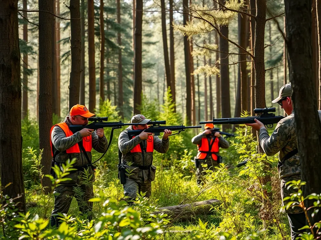 A hunter participating in a controlled hunt, showcasing responsible hunting practices promoted by STE.COM. DES CHASSEURS DE SAINT HUBERT.