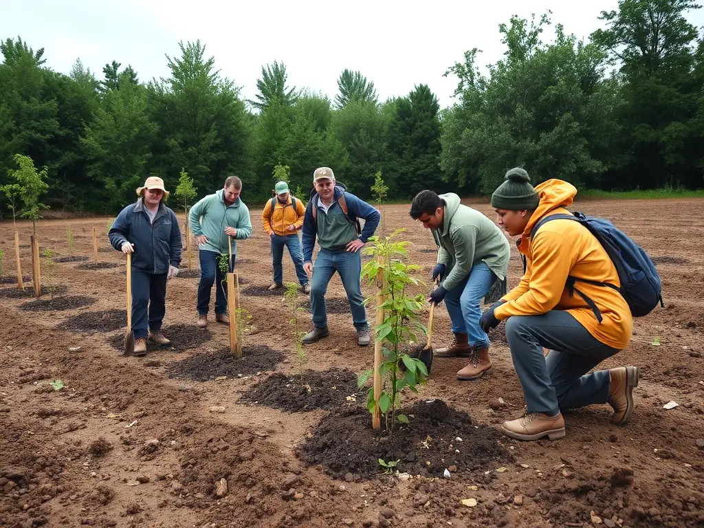 A group of volunteers planting native trees in a deforested area, illustrating habitat restoration efforts by STE.COM. DES CHASSEURS DE SAINT HUBERT.